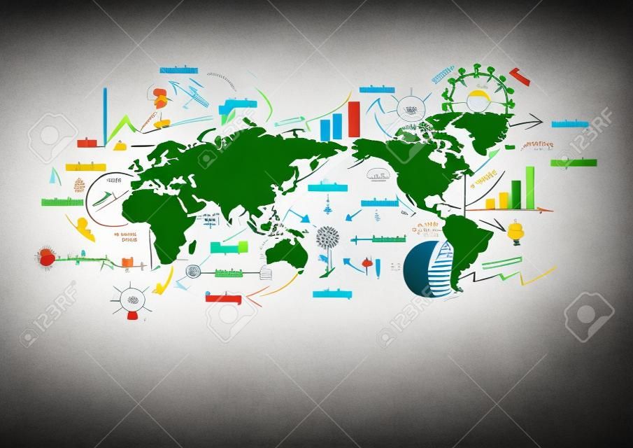 Mappa del mondo con creativo grafico e grafici di disegno successo aziendale idea piano strategico