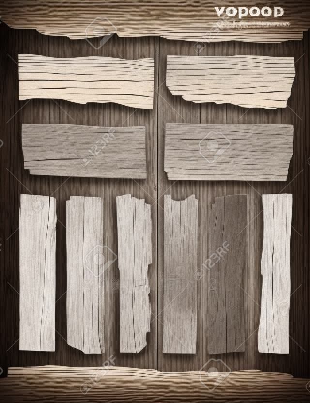 Tablón de madera vieja aislado sobre fondo blanco, ilustración vectorial