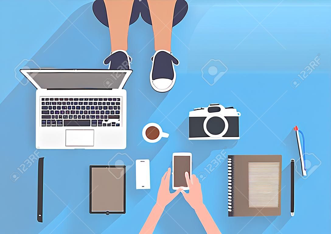 Woman sitting on the floor and working with laptop. Flat illustration top view of relaxing at home. Vector illustration