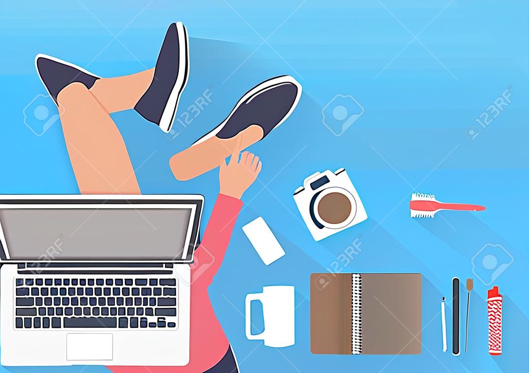 Woman sitting on the floor and working with laptop. Flat illustration top view of relaxing at home. Vector illustration