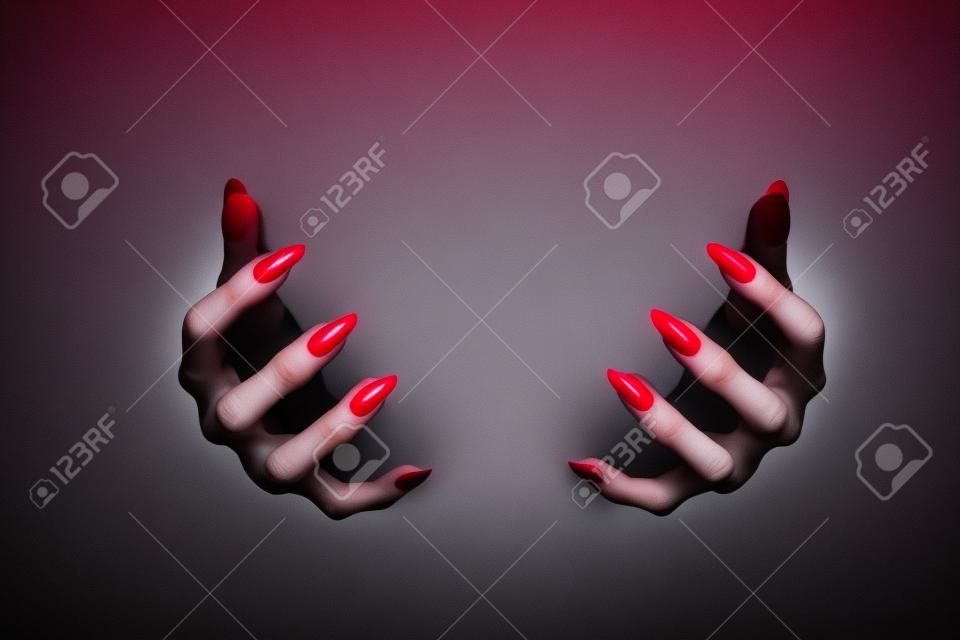 Bony pale hands of vampire or monster with sharp bloody red nails in the dark. Witch fingers hold something, low key, selected focus.