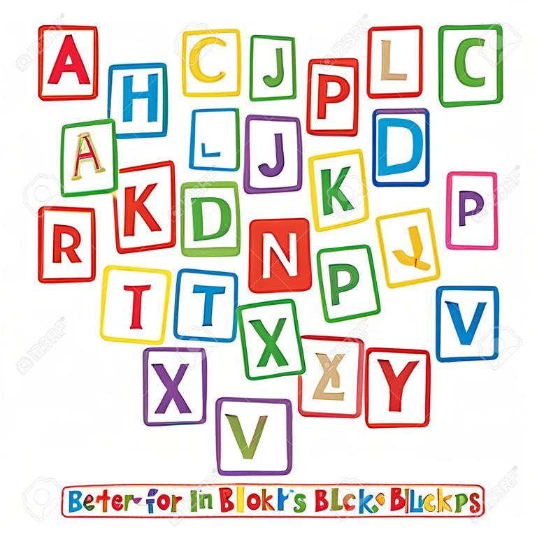 Immagine di vari blocchi colorati con l'alfabeto isolato su uno sfondo bianco.