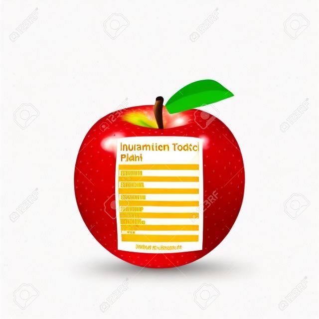 Illustration of an apple with nutritional information label isolated on a white background.