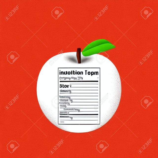 Illustratie van een appel met een etiket met voedingsinformatie geïsoleerd op een witte achtergrond.