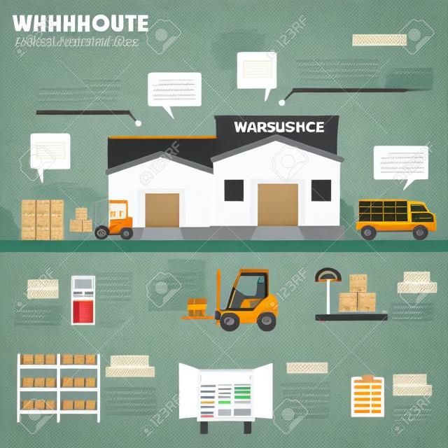 warehouse, cargo, logistic business management infographics background and elements. Can be used for business data, web design, brochure template.