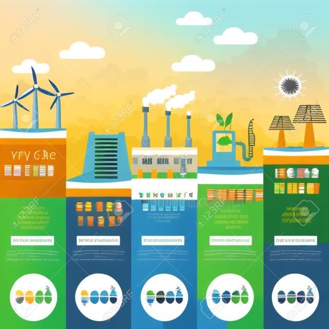 type of renewable energy infographics background and elements. there are solar, wind, hydro, biofuel geothermal energy for layout, banner, web design, statistic, brochure template. vector illustration