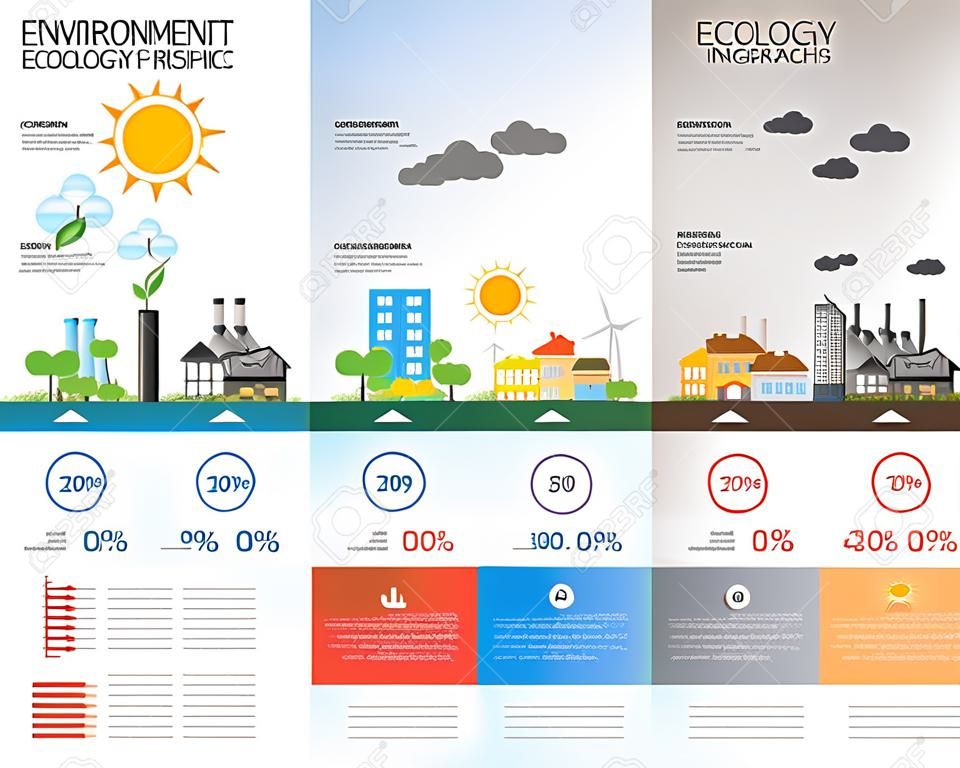 Ambiente, elementos de infográfico de ecologia. Riscos e poluição ambientais, ecossistema. Pode ser usado para fundo, layout, banner, diagrama, web design, modelo de brochura. Ilustração vetorial