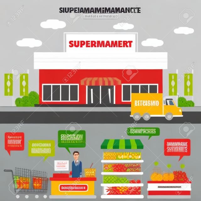 supermarkt business management infographics achtergrond en elementen. exterieur en interieur ontwerp. Kan worden gebruikt voor zakelijke data, webdesign, brochure template. vector illustratie