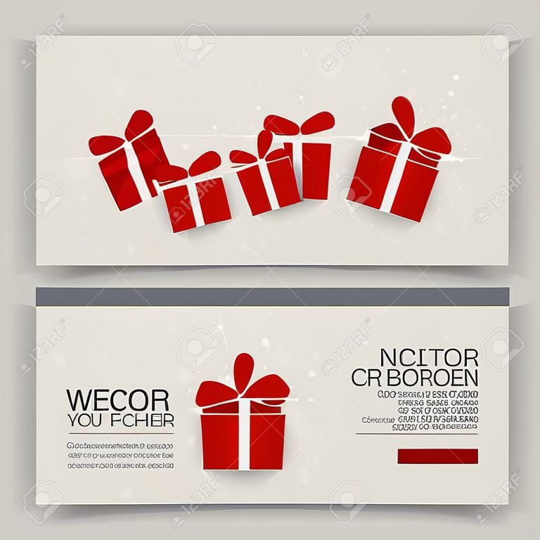 クリスマスと新年の贈り物証明書クーポン テンプレートを伝票します。ショッピング カード、顧客販売とプロモーション、レイアウト、バナー、web デザイン ビジネスのための使用をすることができます。ベクトル図