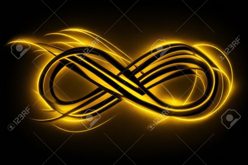 infinity sign created by golden neon freeze light on a black background