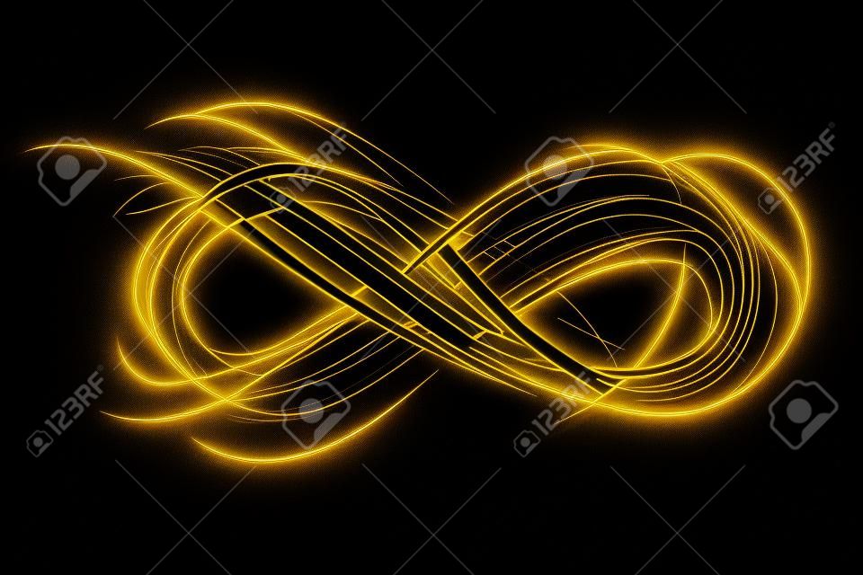 infinity sign created by golden neon freeze light on a black background