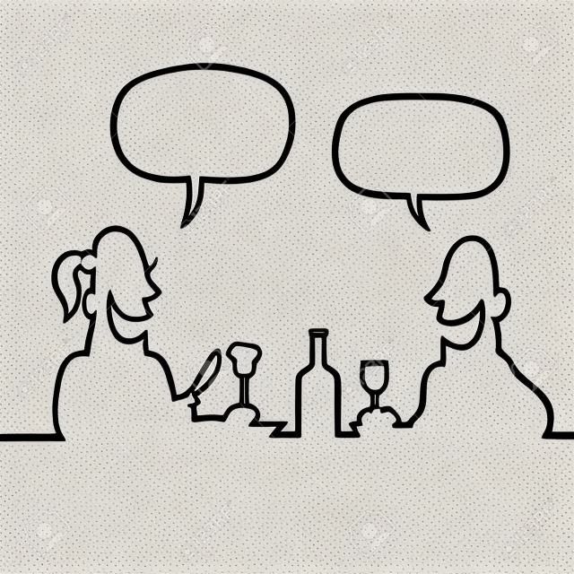 Black and white drawing of a man and a woman having a romantic dinner and a conversation.
