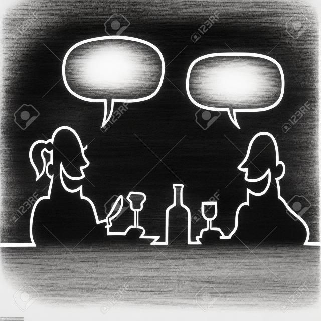 Black and white drawing of a man and a woman having a romantic dinner and a conversation.