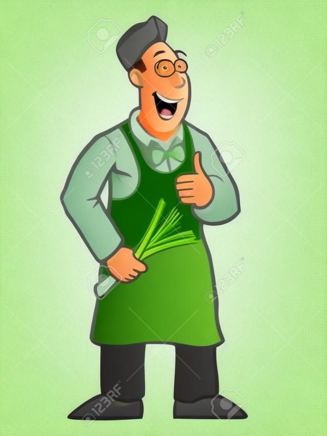 Greengrocer with leek and his thumbs up