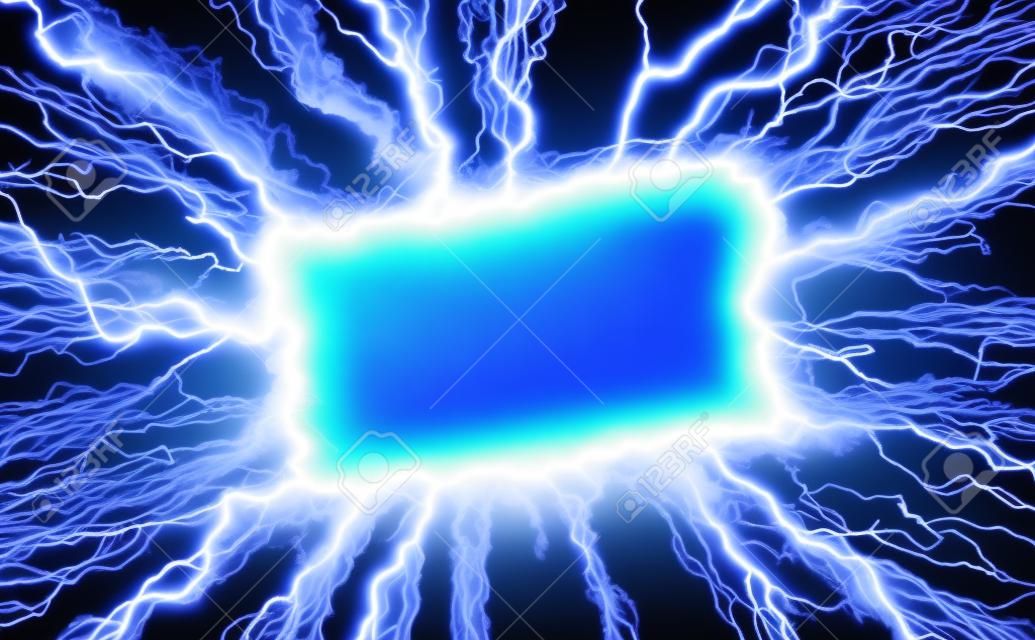 White rectangle with a lightning border over a blue-lightning background. 