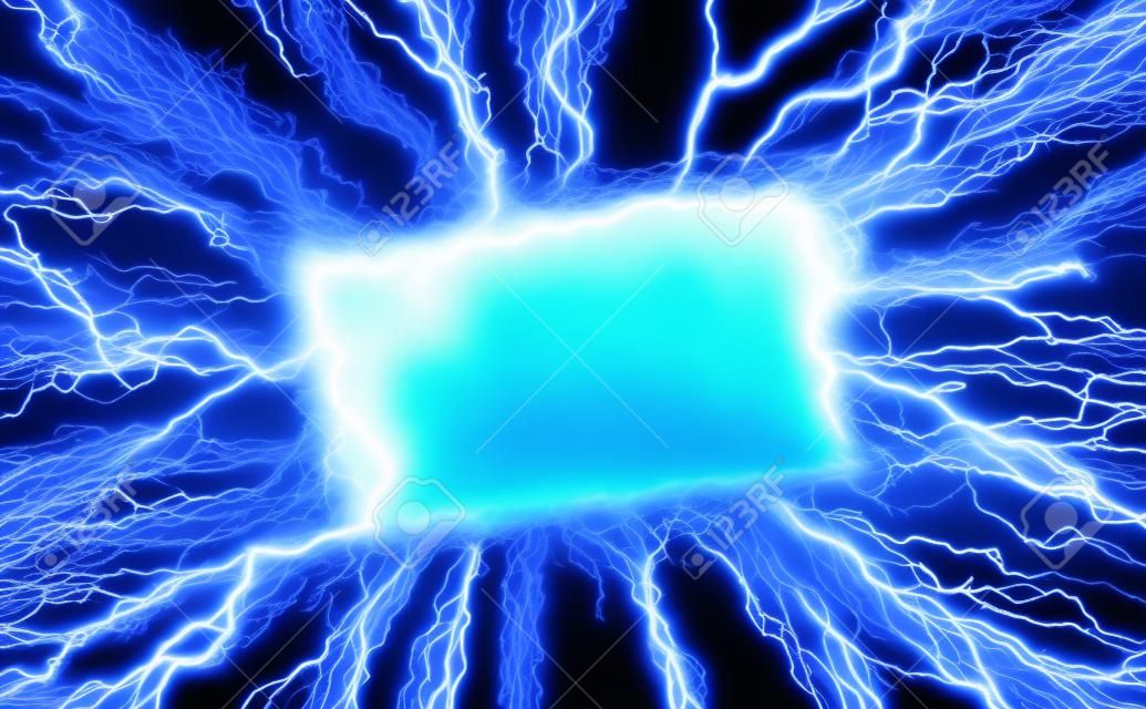 White rectangle with a lightning border over a blue-lightning background. 