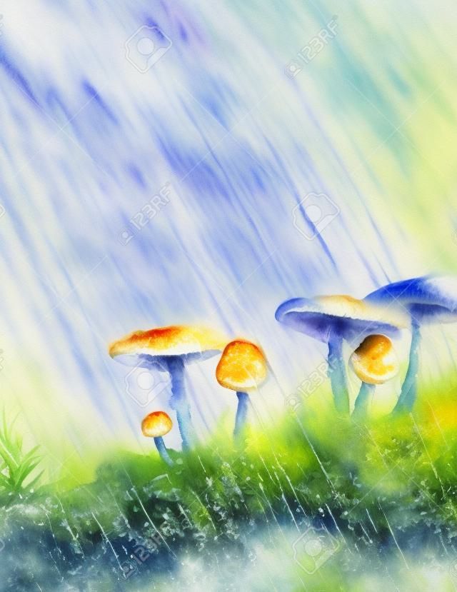 Watercolor painting of rain splashing down on mushrooms 