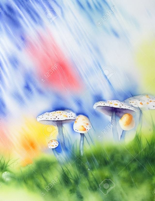 Watercolor painting of rain splashing down on mushrooms 