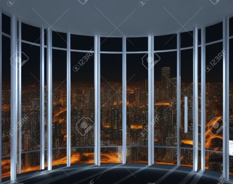 建物高層窓、美しい高価な不動産の最上階からの夜景