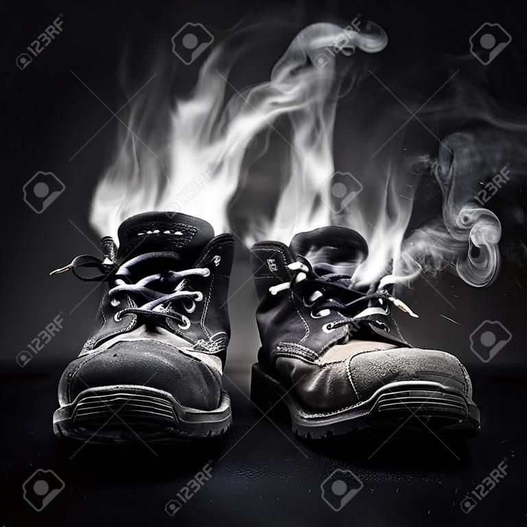 Old black work shoes from which the smoke proceeds