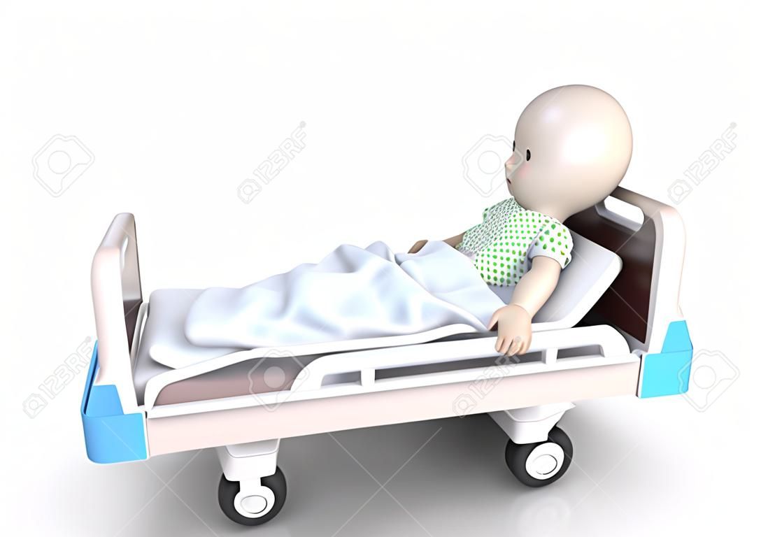 3D pequena pessoa como um paciente na cama do hospital