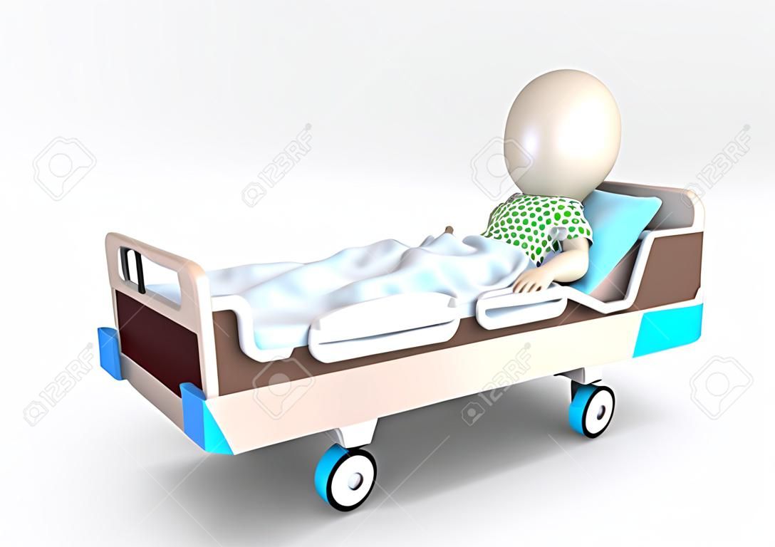 3D小的人在医院的病床上的患者