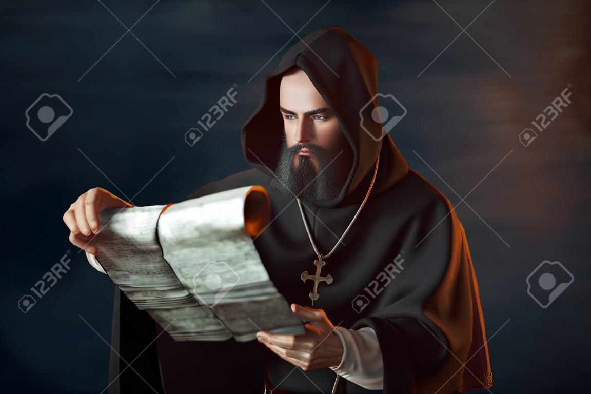 Medieval monk with an evil face reads a prayer