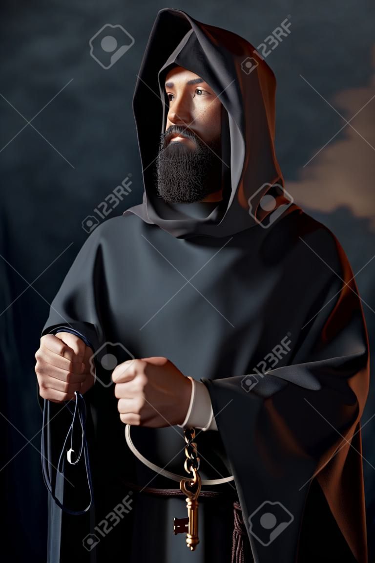 Middeleeuwse monnik houdt een hoop sleutels in handen