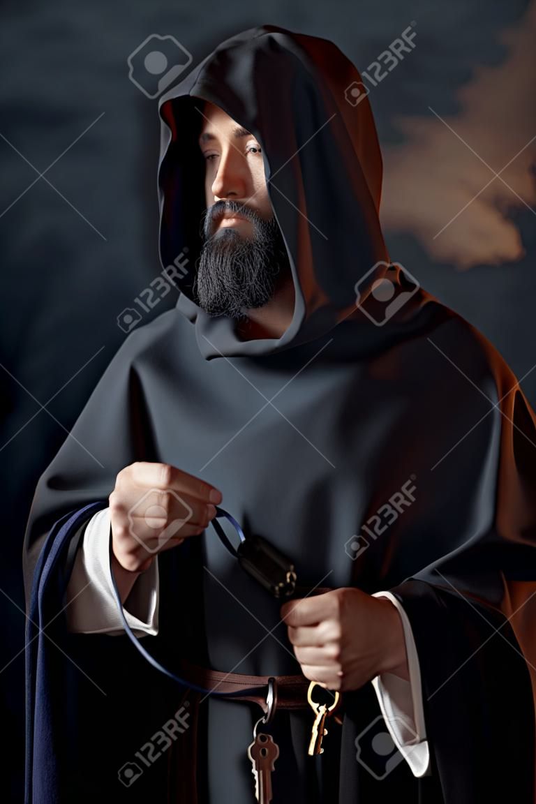 Middeleeuwse monnik houdt een hoop sleutels in handen