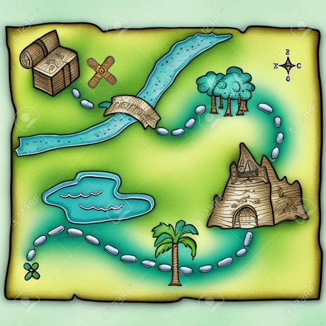 Illustrazione di mano disegnato mappa del tesoro con il percorso di tesoro