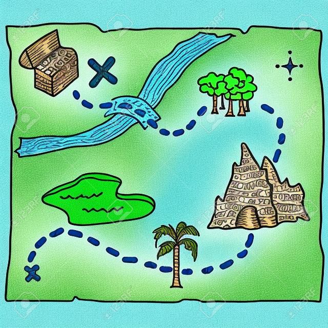 Illustrazione di mano disegnato mappa del tesoro con il percorso di tesoro