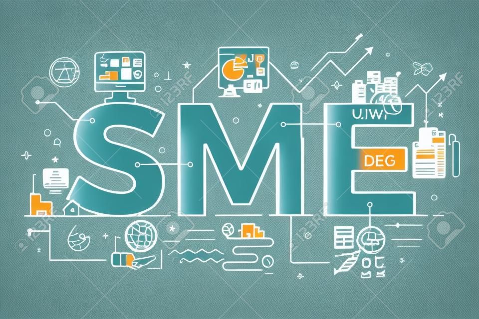 SME, Kis- és Középvállalkozói, szó betűkkel illusztráció üzleti koncepció. Tervezés modern stílusban kapcsolódó ikonok dísz koncepció ui, ux, web, alkalmazás banner tervezés