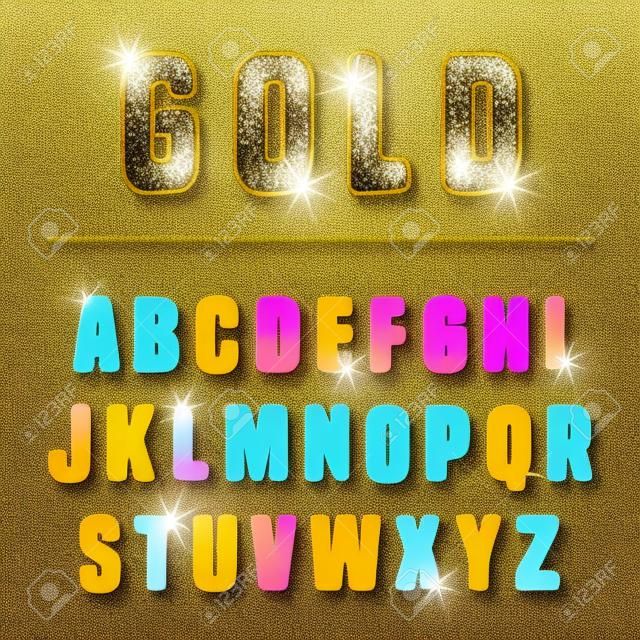 Glitter ábécé aranyból fényes konfetti. Vektor illusztráció