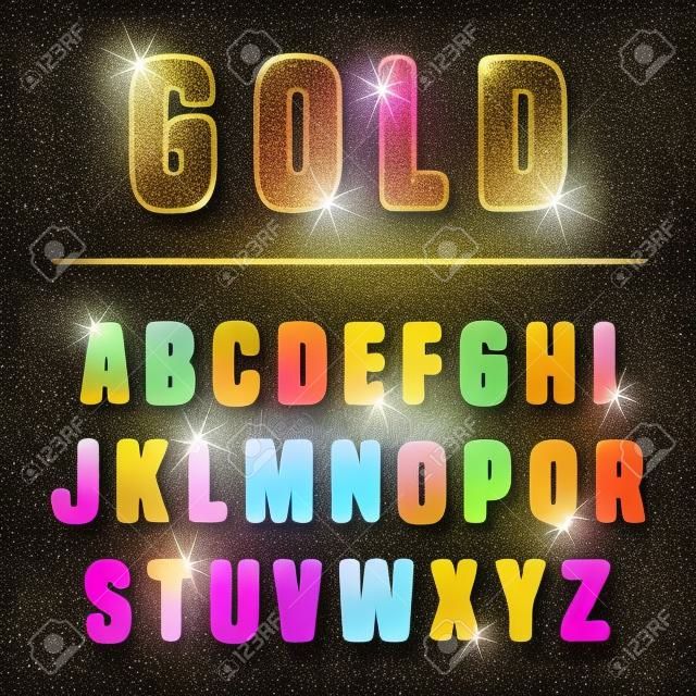 Glitter ábécé aranyból fényes konfetti. Vektor illusztráció