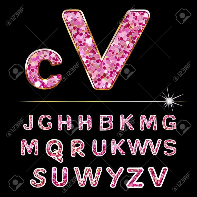 alfabeto glitter in rosa confetti lucido. illustrazione di vettore