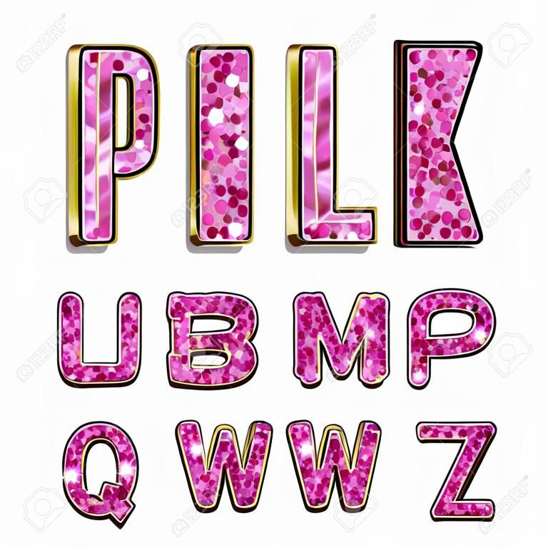 Glitter alphabet made of pink shiny confetti. Vector illustration