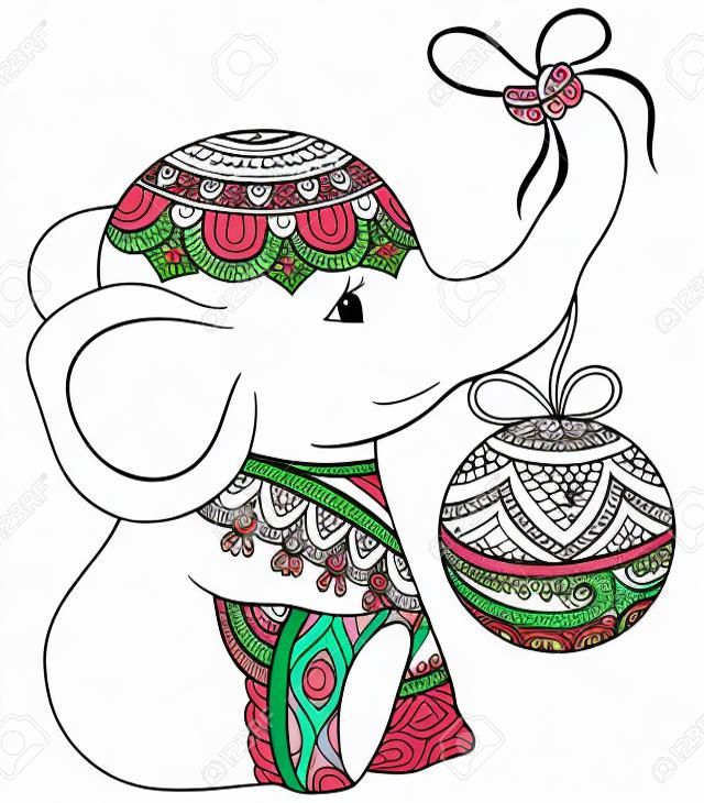 Ładna głowa słonia z świąteczną dekoracją piłkę z obrazem ozdoby dla relaksującej aktywności. Kolorowanka, strona dla dorosłych. Ilustracja w stylu sztuki Zen do druku. Projekt plakatu.