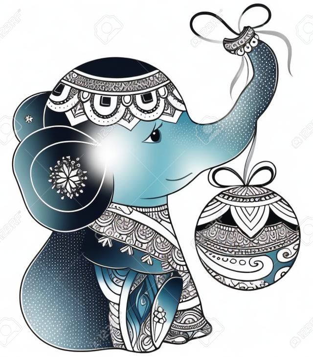 Ładna głowa słonia z świąteczną dekoracją piłkę z obrazem ozdoby dla relaksującej aktywności. Kolorowanka, strona dla dorosłych. Ilustracja w stylu sztuki Zen do druku. Projekt plakatu.