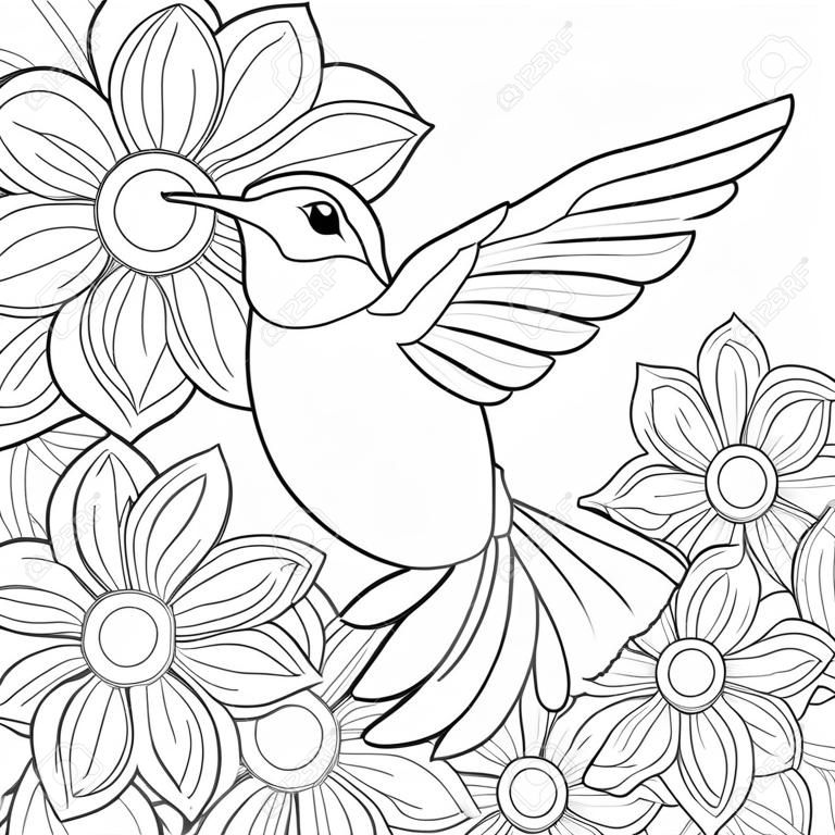 Een schattige kolibrie op de achtergrond met bloemen afbeelding voor ontspannende activiteit.Een kleurboek, pagina voor volwassenen.Zen kunst stijl illustratie voor print.Poster design.