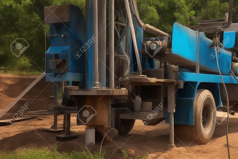 Ground water hole drilling machine installed on the old truck in Thailand. Ground water well drilling.