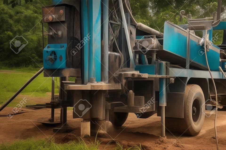 在老卡車安裝的地下水鑽孔機器在泰國。地下水井鑽探。