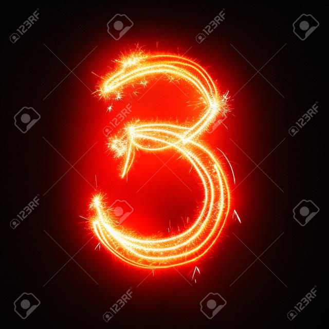 Sparkler firework light alphabet number 3 isolated on black background.
