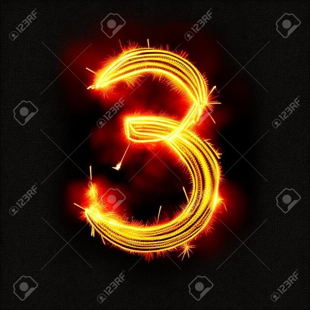 Sparkler vuurwerk licht alfabet nummer 3 geïsoleerd op zwarte achtergrond.