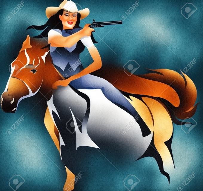Cowgirl-Revolverheld, der in der Hand ein Pferd mit einer Gewehr reitet