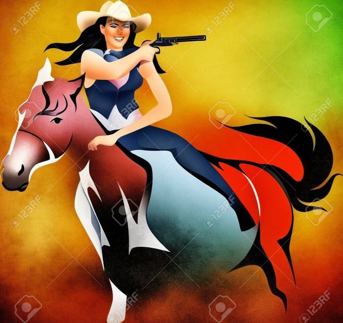 Cowgirl-Revolverheld, der in der Hand ein Pferd mit einer Gewehr reitet