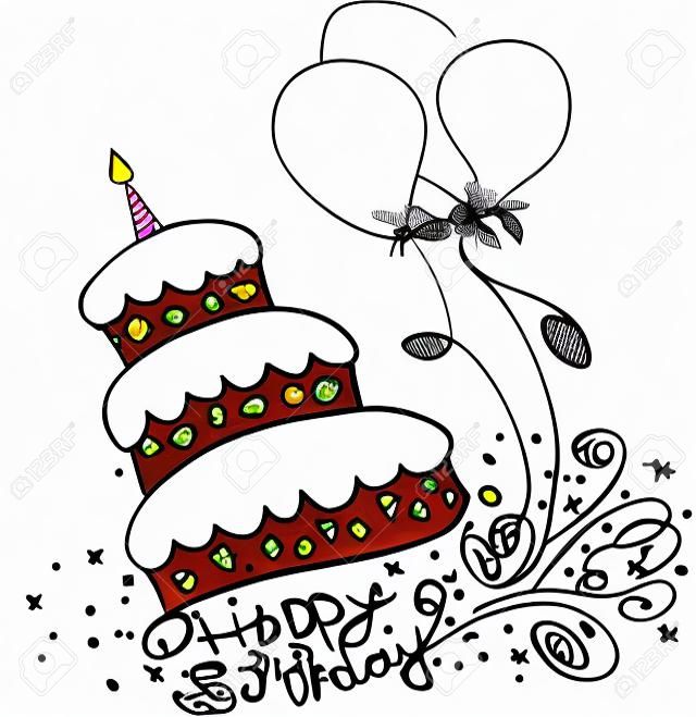 Bir elle çizilmiş doodle doğum günü pastası İllüstrasyon.