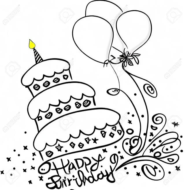 Illustration d'un gâteau d'anniversaire doodle dessiné à la main.