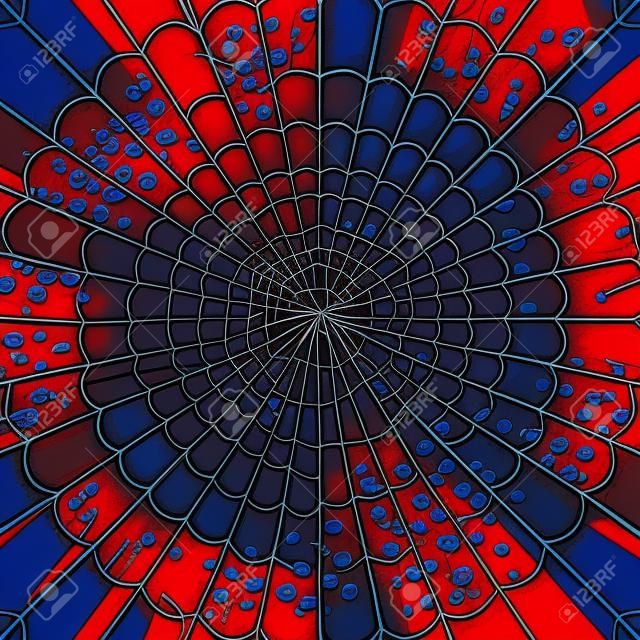 Roter und blauer Spinnennetz-Karikaturhintergrund. Farbige Comic-Illustration, Vektor-Comic-Kulisse.