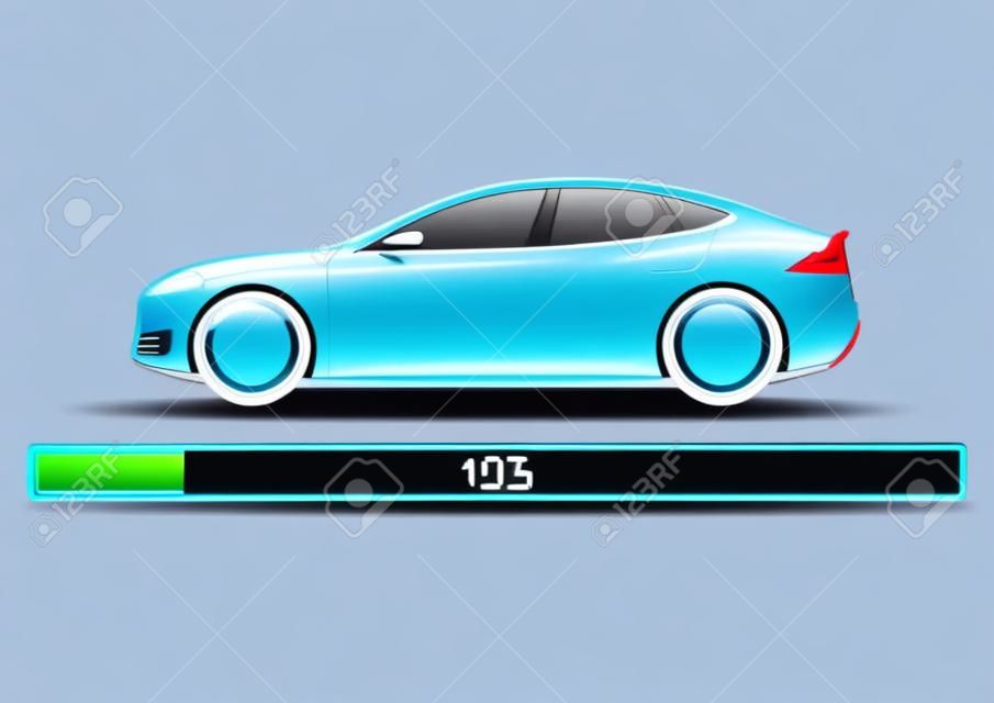 Electric car with battery status indicator. Electromobility concept. Side view. Flat vector.