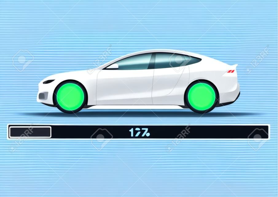 Elektrische auto met batterij status indicator. Elektromobiliteit concept. Zijaanzicht. Platte vector.